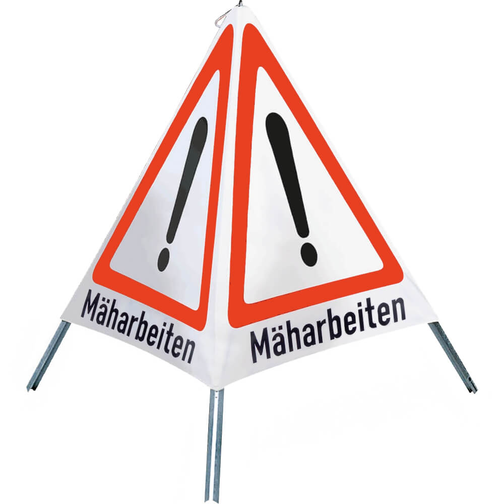 NISSEN Faltsignal mit Warnsymbol Mäharbeiten, weiß tagesleuchtend, SL 112 cm, Faltdreieck, Warnpyramide, Triopane