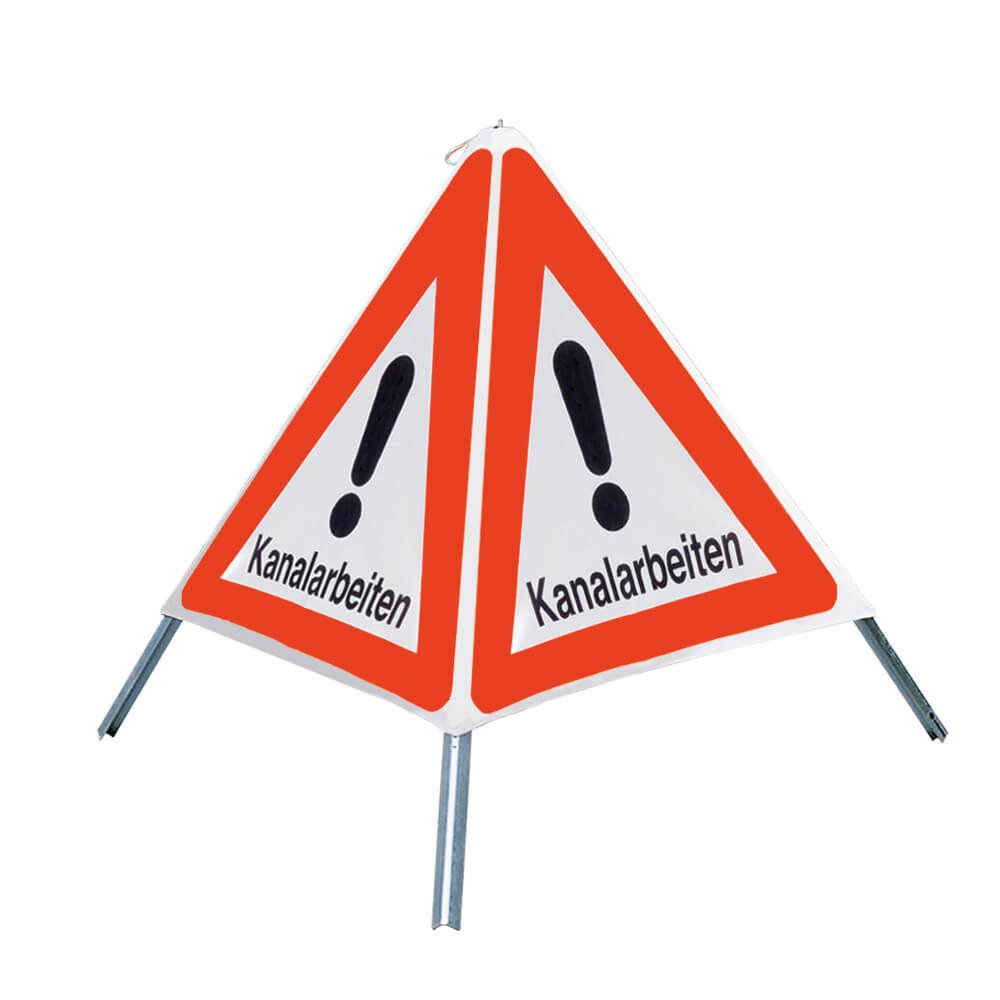 NISSEN Faltsignal mit Warnsymbol Kanalarbeiten, weiß tagesleuchtend, SL 70 cm, Faltdreieck, Warnpyramide, Triopane