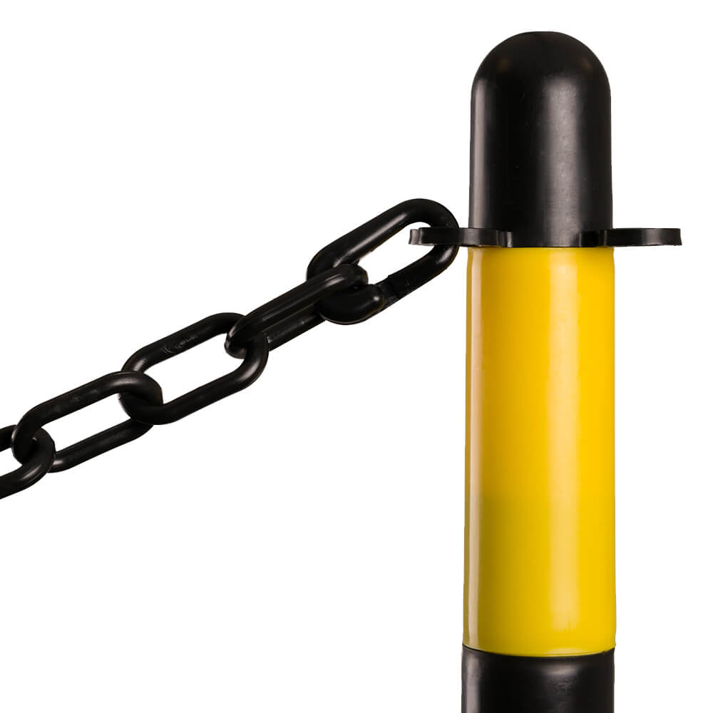 Kettenpfostenset UNI Dreieck – 10 Stück, 90cm Hoch, Gelb/schwarz, Mit 18m Kette – Standfester Absperrpfosten Für Innen & Außen