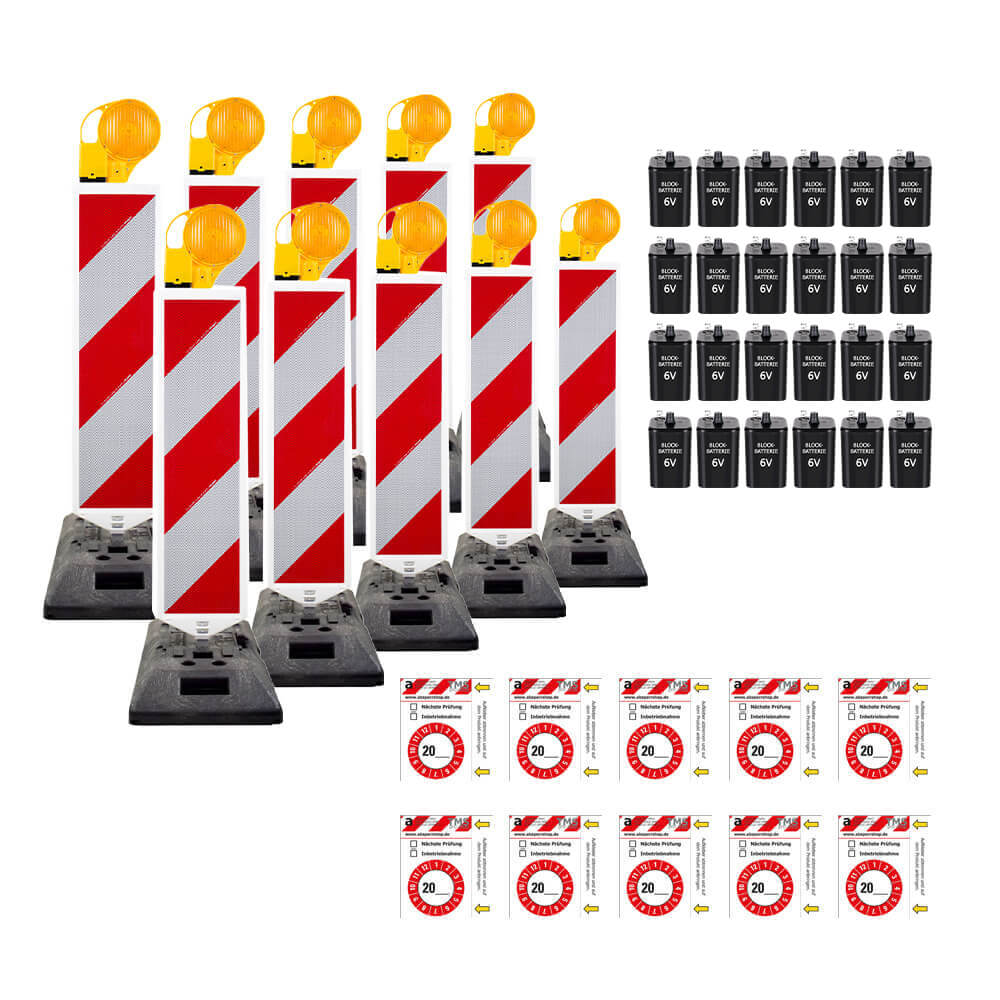 BIGPACK 10 x Leitbaken-Set K1-Fuß & Leuchte, StVO/RSA, re/linksw., 2-seitig, RA2, Warnbake, Sicherheitsbake