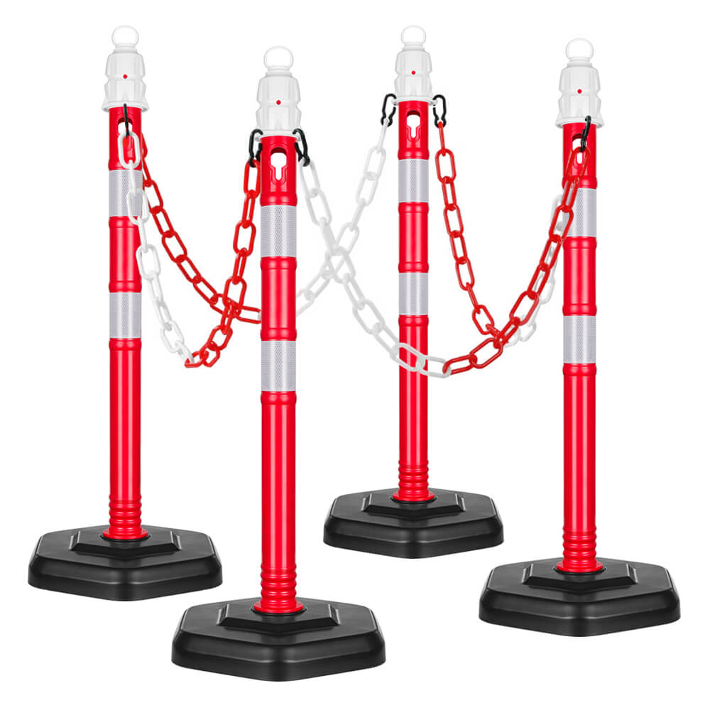 Zugangsbeschränkungsset mit 4 Kettenpfosten und 2 x Bodenmarkierungsband STARK, Kettenpoller, Sperrpfosten, Absperrkette