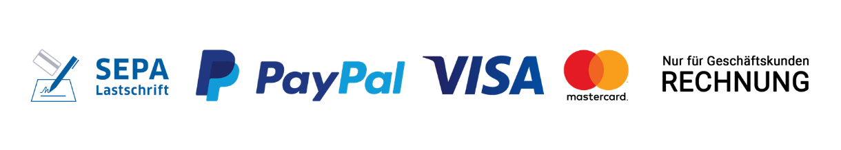 Sichere Zahlungsmöglichkeiten wie Lastschrift-Verfahren, Visa, Paypal, Rechnung